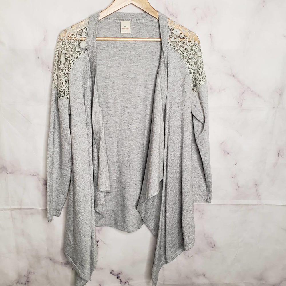 HUMMINGBIRD gray lace crochet waterfall open cardigan S